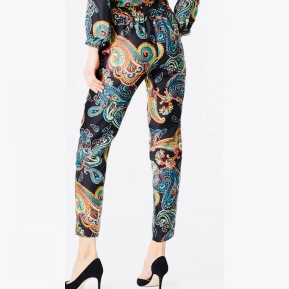 J. CREW 100% Silk Pull-On Pants Black Gold Blue Red Paisley w Pockets